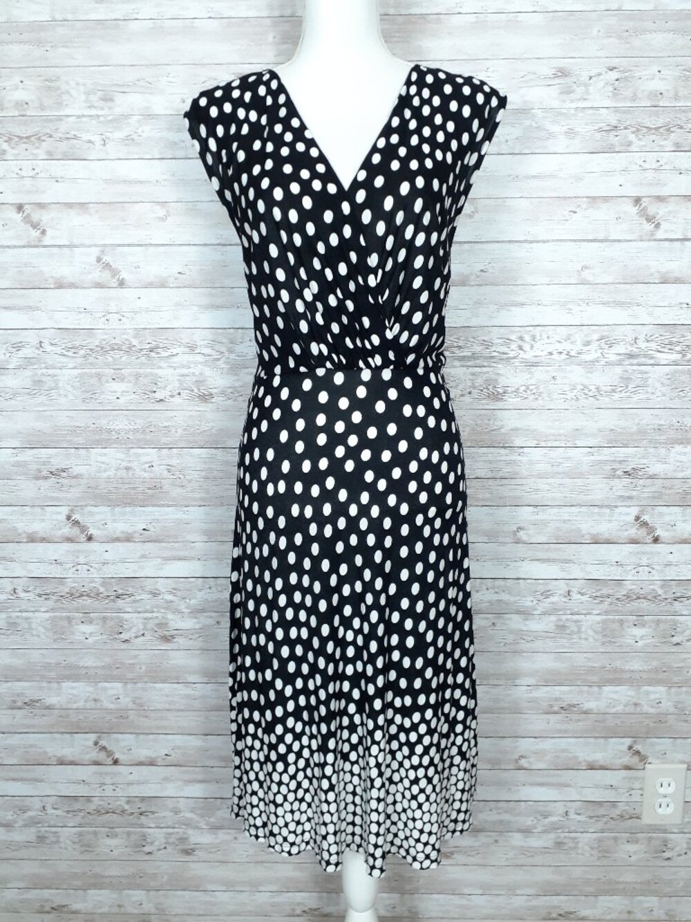 Lascana Wrap Top Sleeveless Dress Size 6 Polka Dot Black White Midi 939A